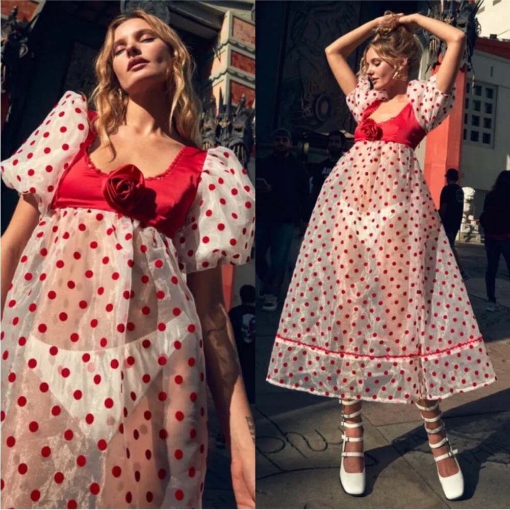 For Love & Lemons Rhoda Red and White Polkadot Puff Sleeve Midi Dress Size S NWT
